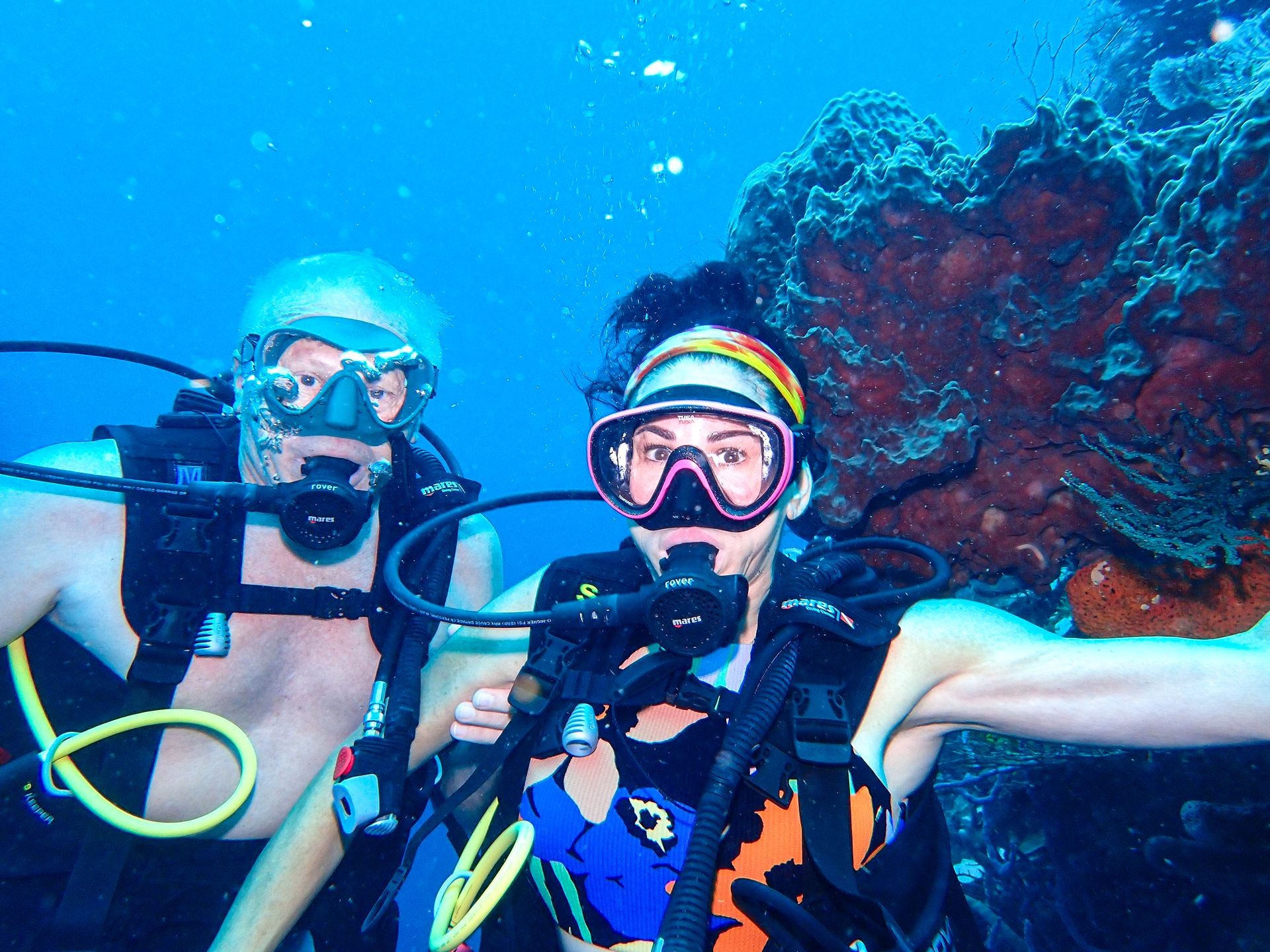 Two divers hanging by the drop off.